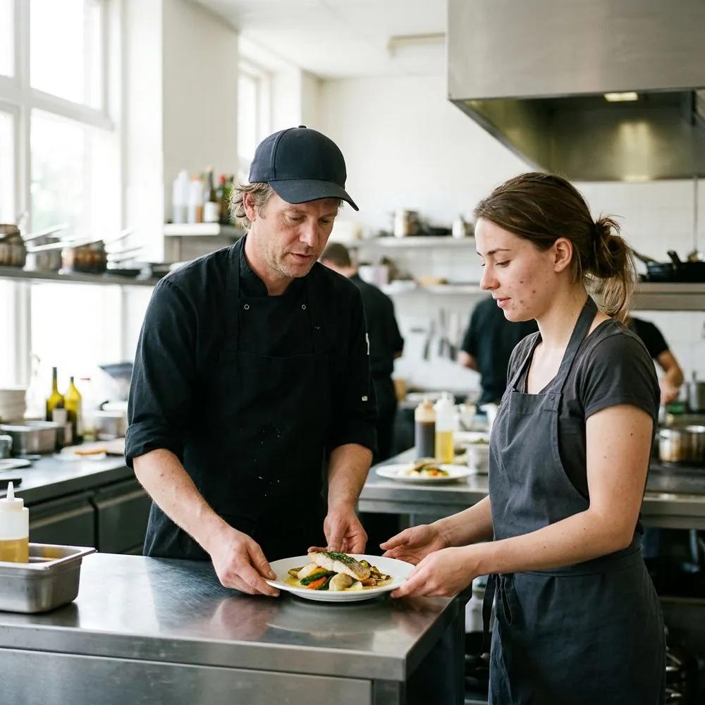 Kok en bediening overleggen bij de uitgifte in een restaurantkeuken