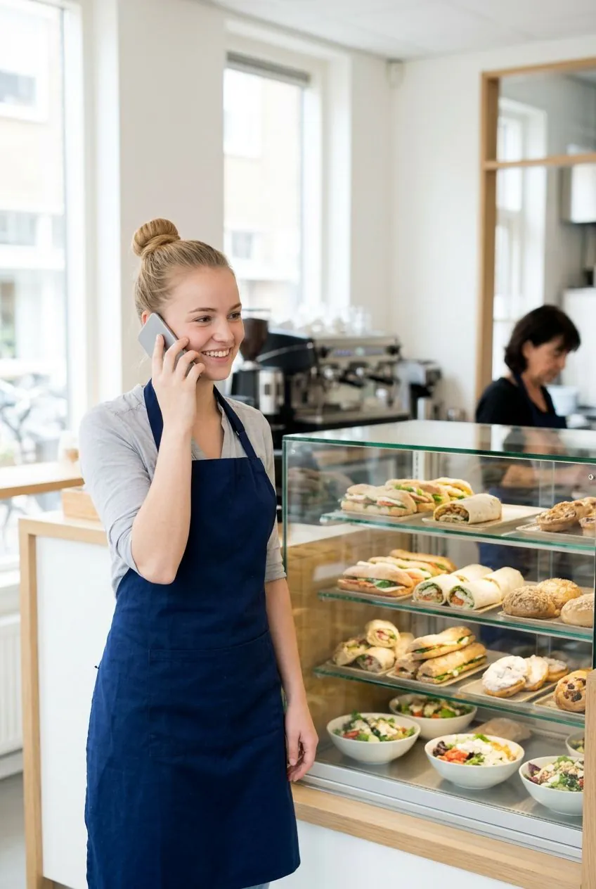 Mitarbeiterin eines Lunchrooms telefoniert mit ihrem Smartphone