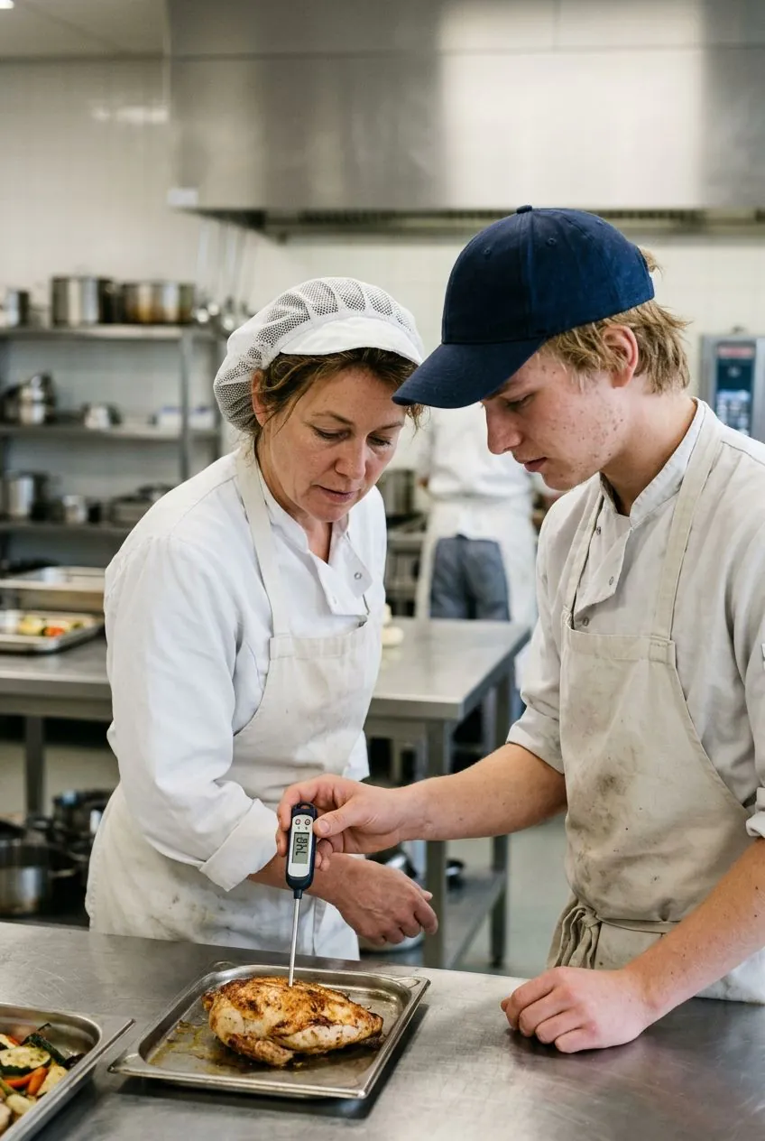 Team leader has an employee measure the core temperature in a company kitchen