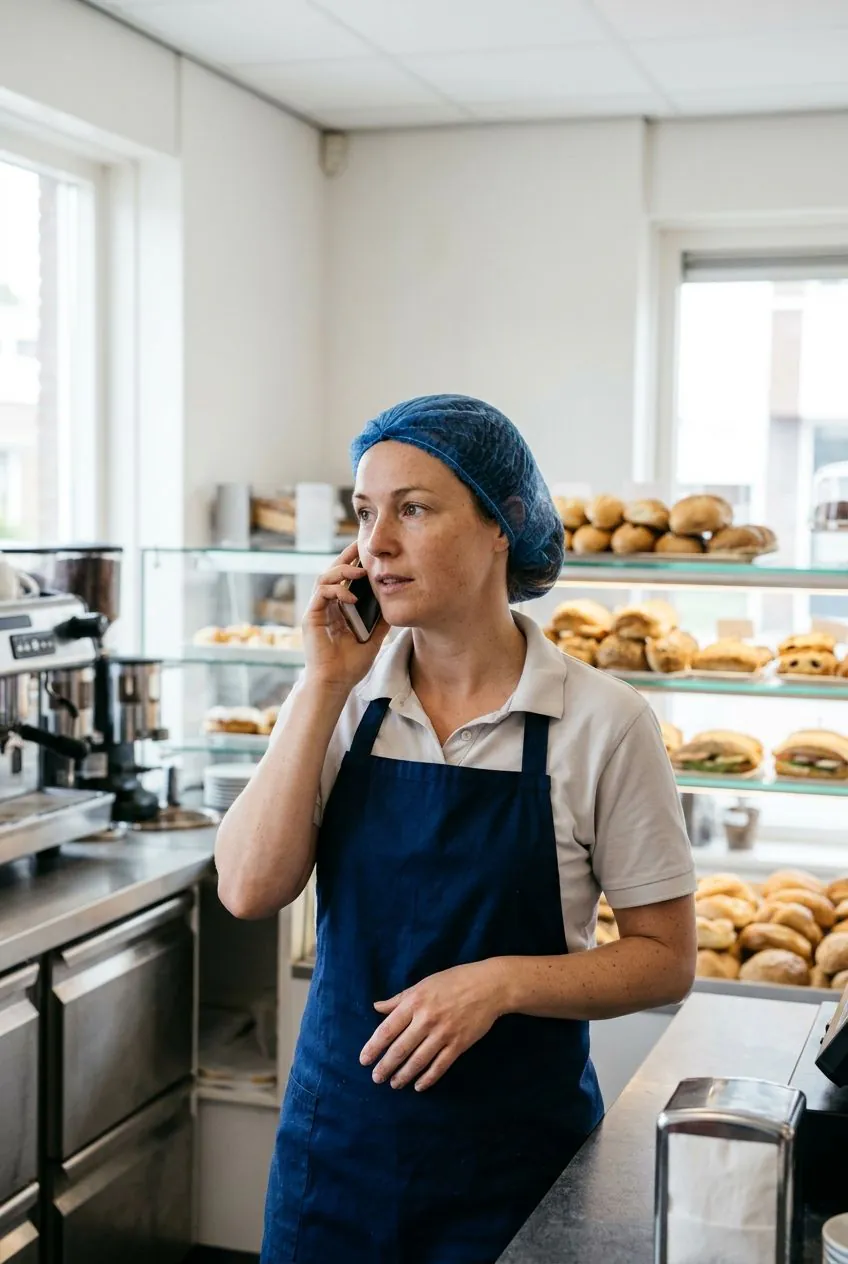 Medewerkster van een lunchroom belt met haar smartphone